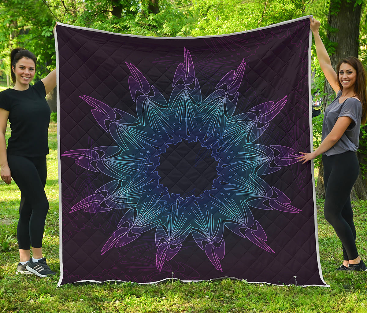 Purple And Teal Dark Mandala Print Quilt