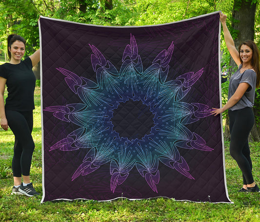 Purple And Teal Dark Mandala Print Quilt