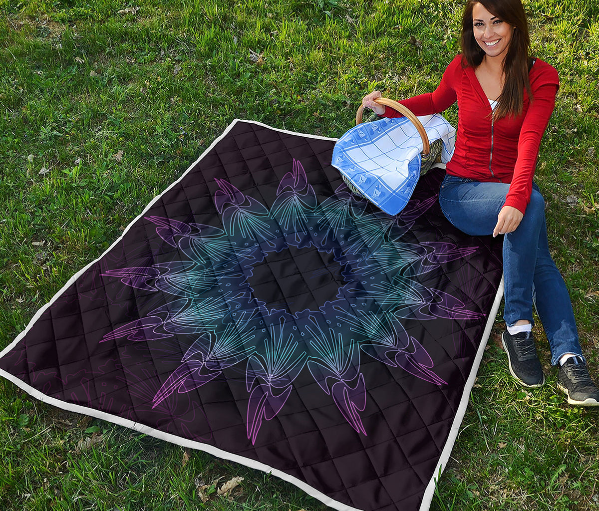 Purple And Teal Dark Mandala Print Quilt