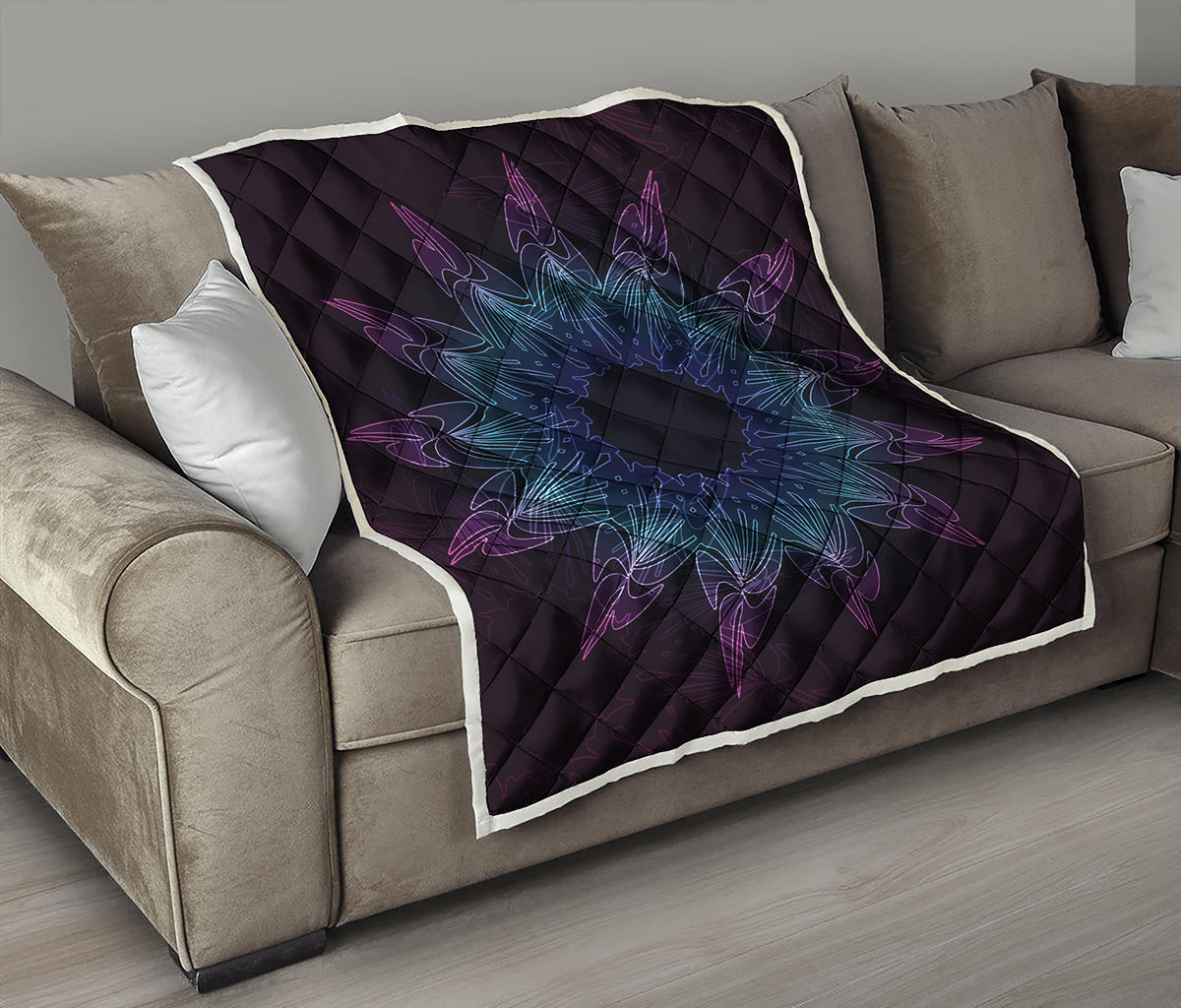 Purple And Teal Dark Mandala Print Quilt