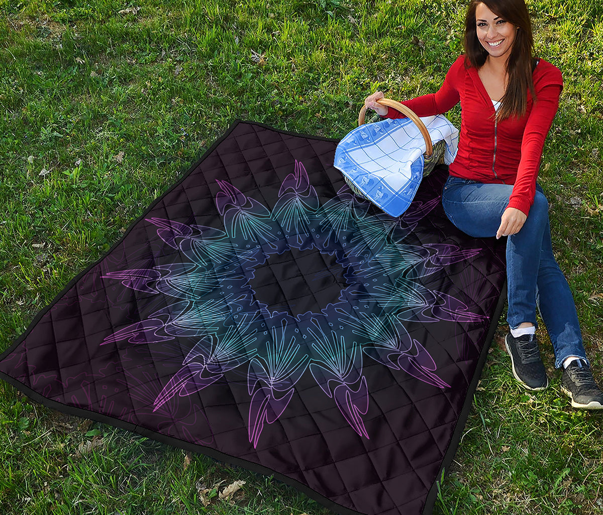 Purple And Teal Dark Mandala Print Quilt