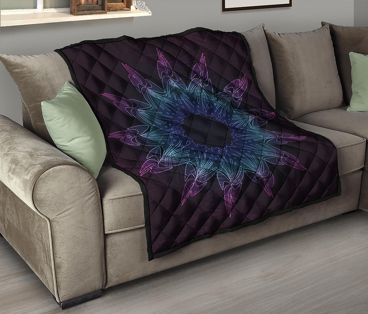 Purple And Teal Dark Mandala Print Quilt