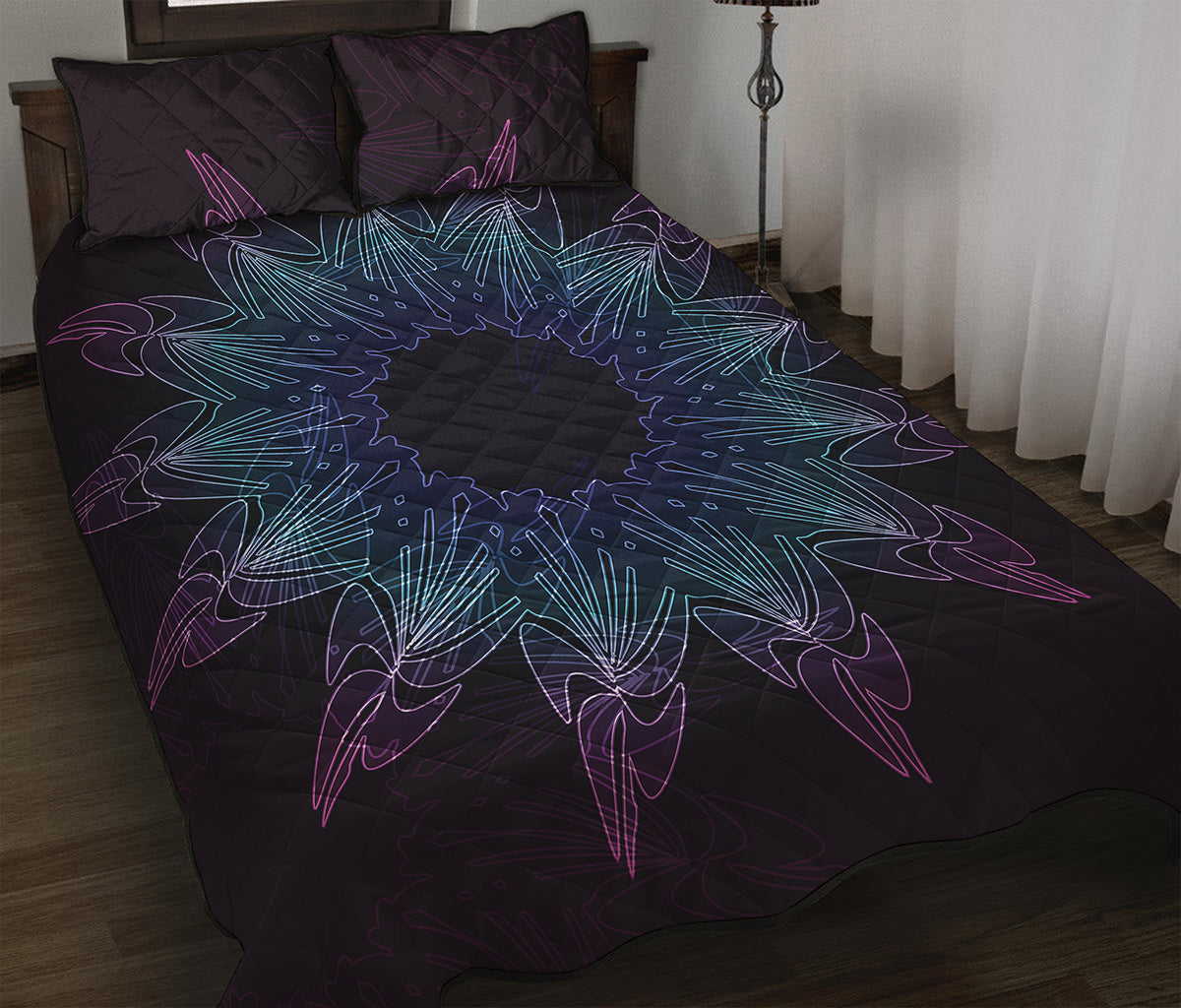 Purple And Teal Dark Mandala Print Quilt Bed Set