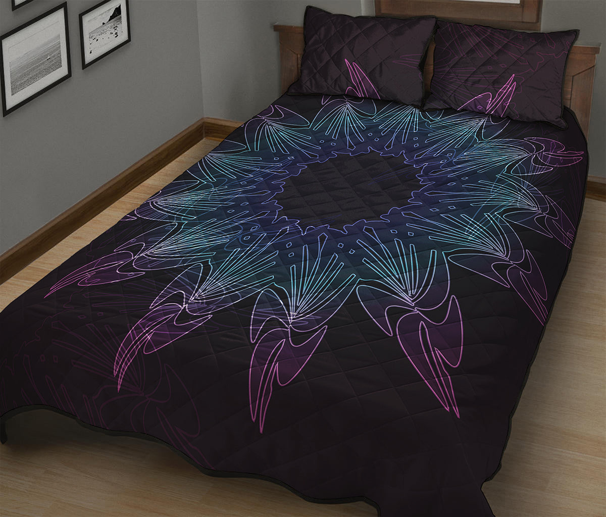 Purple And Teal Dark Mandala Print Quilt Bed Set