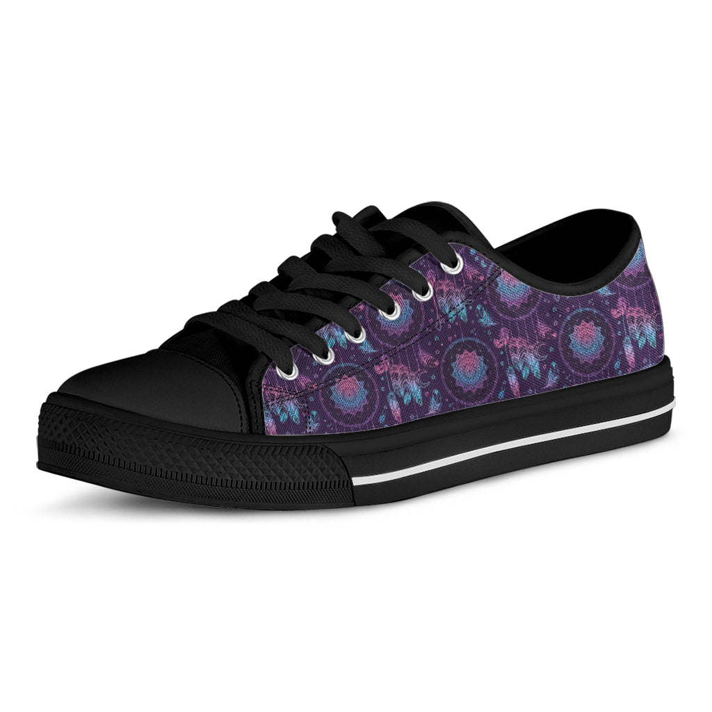 Purple And Teal Dream Catcher Print Black Low Top Shoes