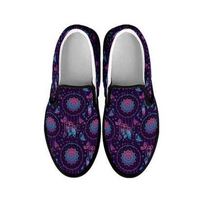 Purple And Teal Dream Catcher Print Black Slip On Shoes