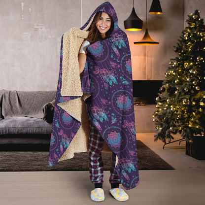 Purple And Teal Dream Catcher Print Hooded Blanket
