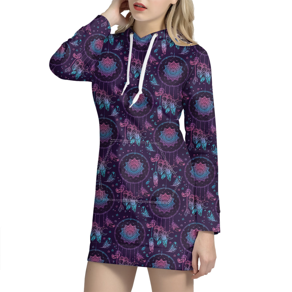 Purple And Teal Dream Catcher Print Hoodie Dress