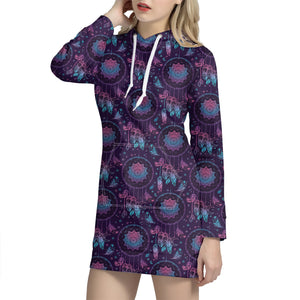 Purple And Teal Dream Catcher Print Hoodie Dress