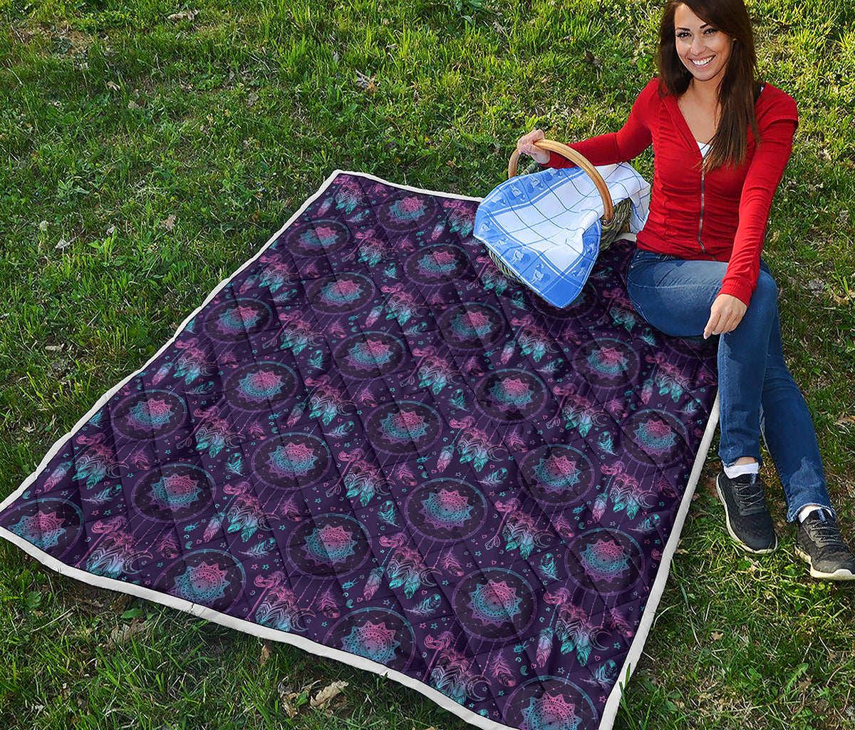 Purple And Teal Dream Catcher Print Quilt