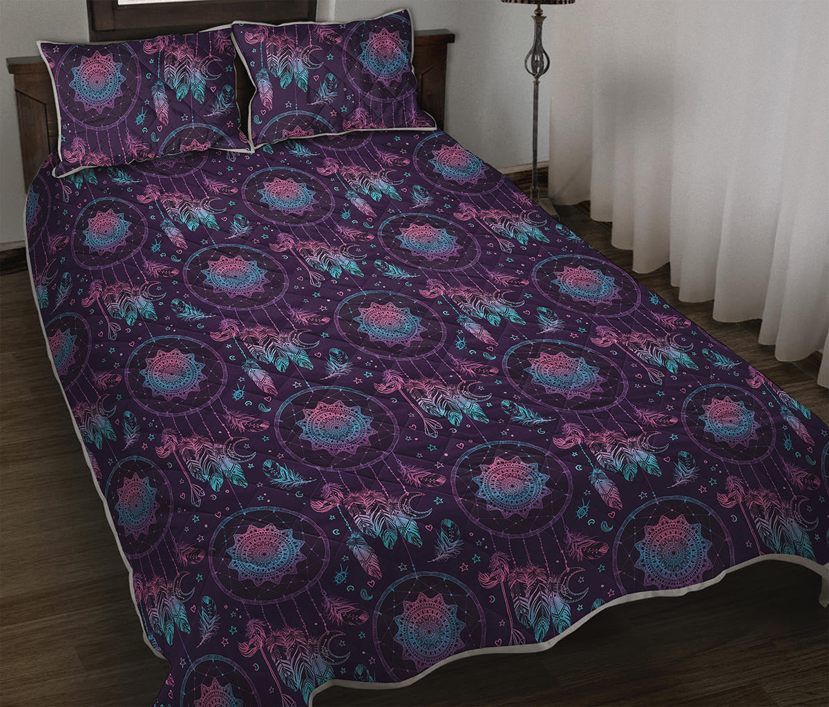 Purple And Teal Dream Catcher Print Quilt Bed Set