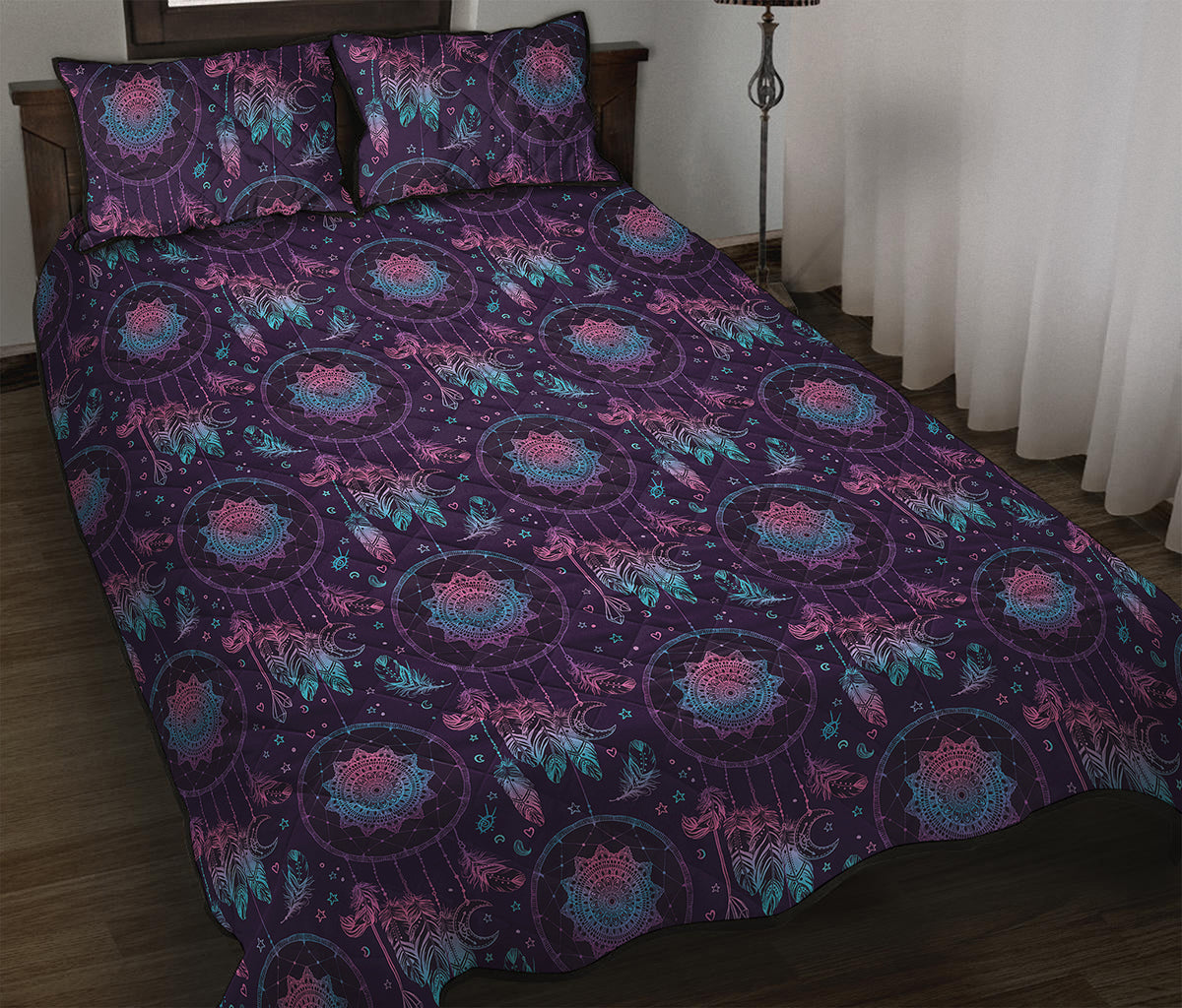 Purple And Teal Dream Catcher Print Quilt Bed Set