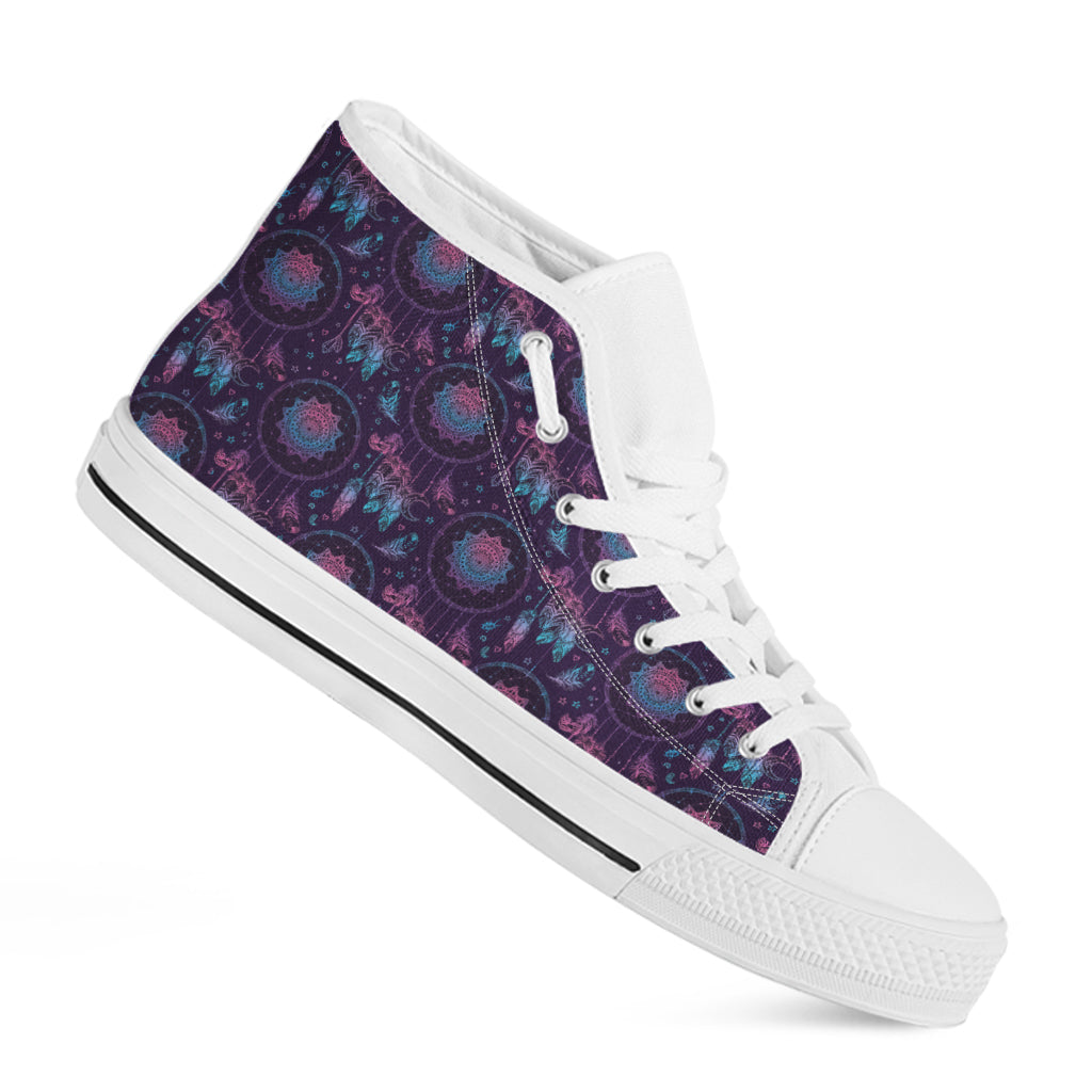 Purple And Teal Dream Catcher Print White High Top Shoes