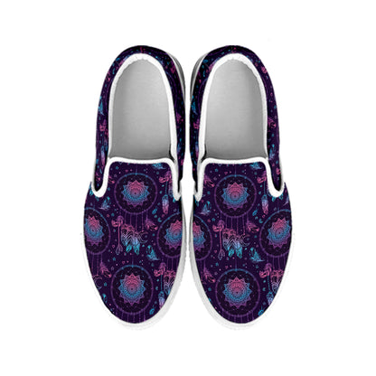 Purple And Teal Dream Catcher Print White Slip On Shoes