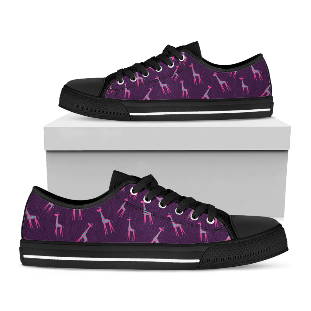 Purple And Teal Giraffe Pattern Print Black Low Top Shoes