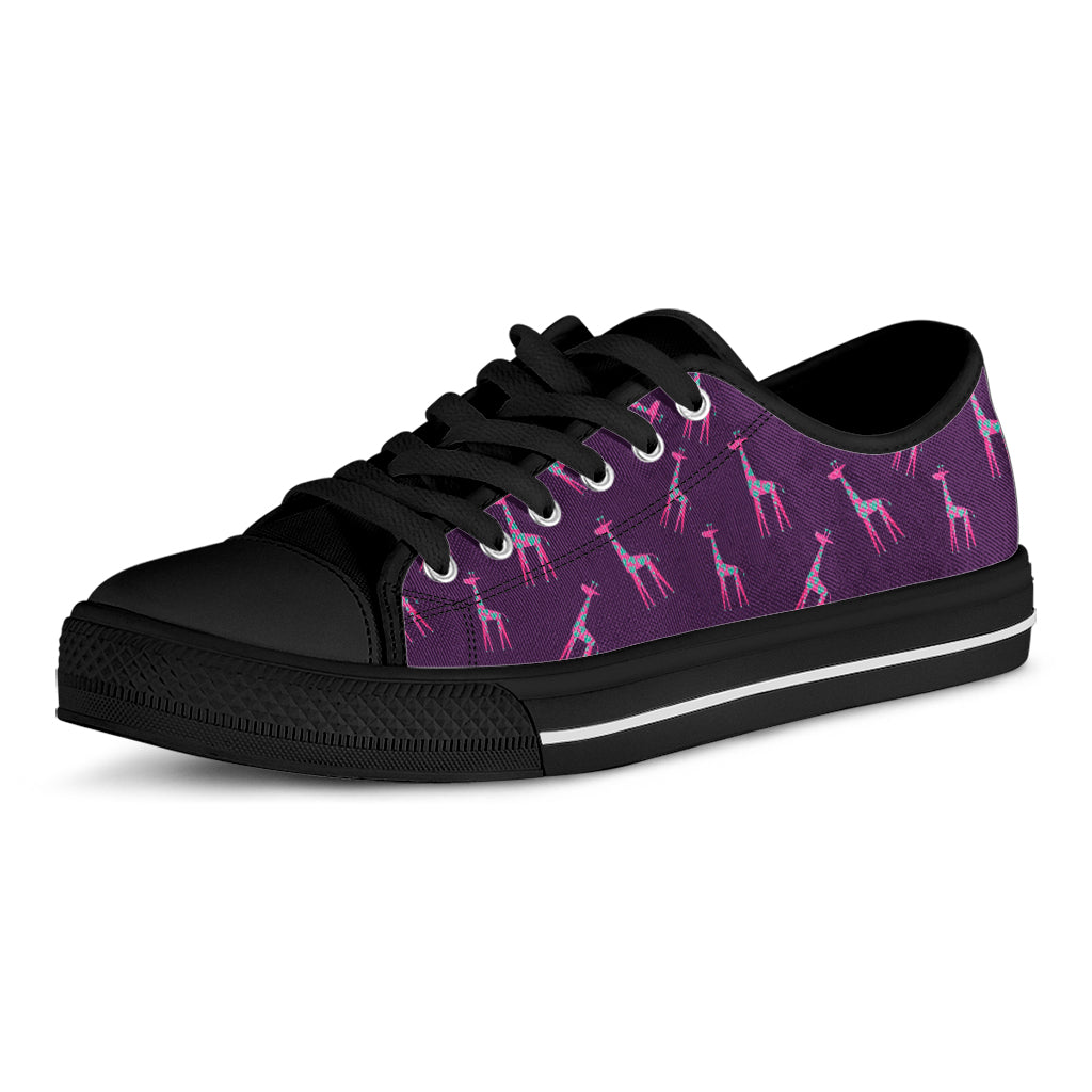 Purple And Teal Giraffe Pattern Print Black Low Top Shoes