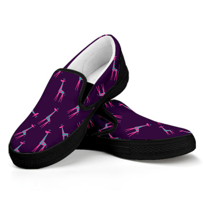 Purple And Teal Giraffe Pattern Print Black Slip On Shoes