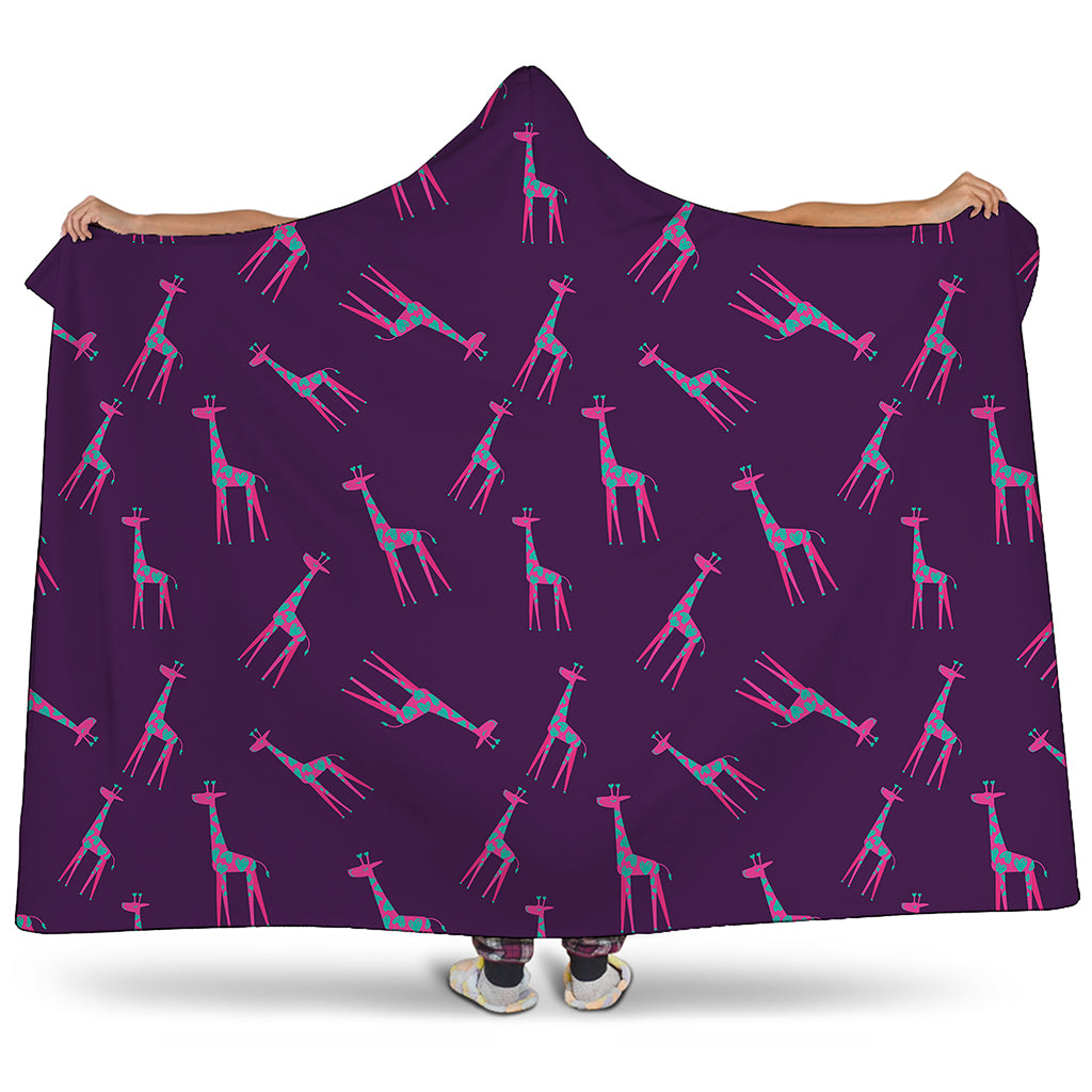 Purple And Teal Giraffe Pattern Print Hooded Blanket