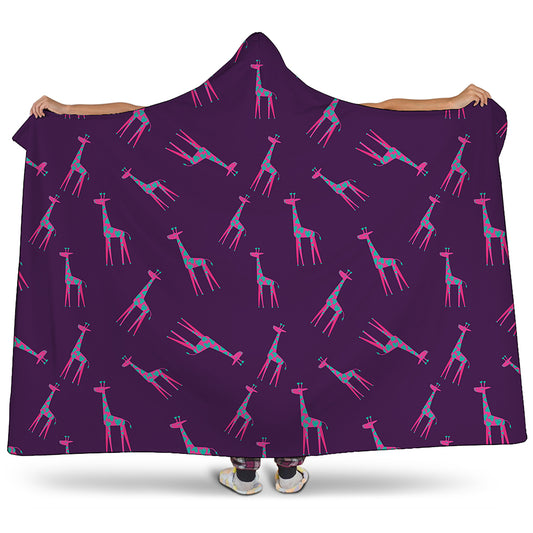 Purple And Teal Giraffe Pattern Print Hooded Blanket