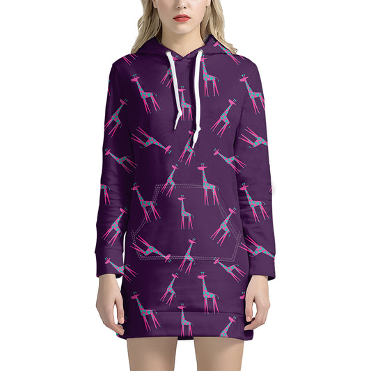 Purple And Teal Giraffe Pattern Print Hoodie Dress