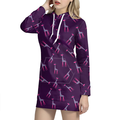 Purple And Teal Giraffe Pattern Print Hoodie Dress