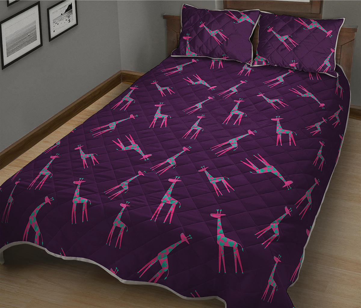 Purple And Teal Giraffe Pattern Print Quilt Bed Set