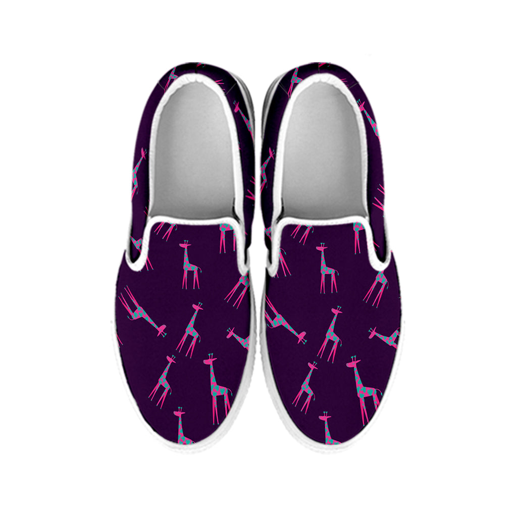 Purple And Teal Giraffe Pattern Print White Slip On Shoes