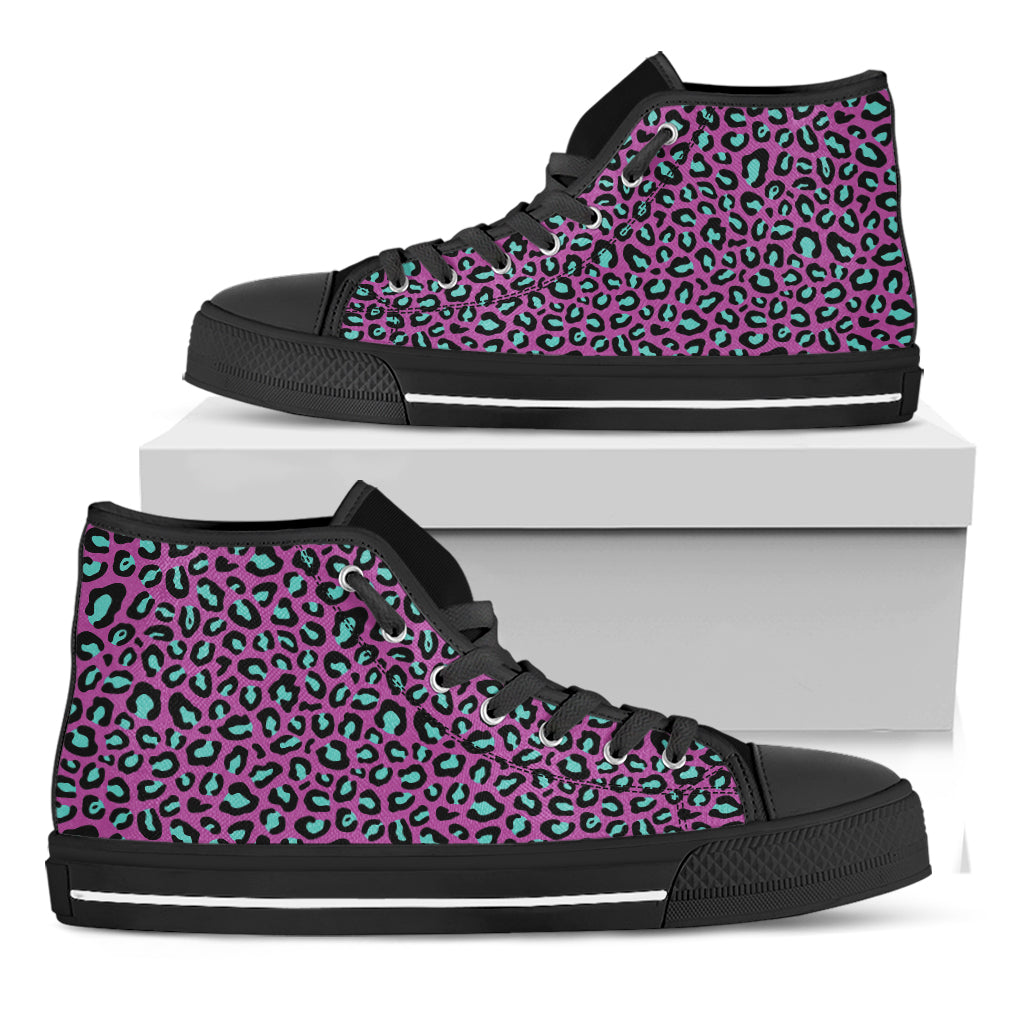 Purple And Teal Leopard Pattern Print Black High Top Shoes
