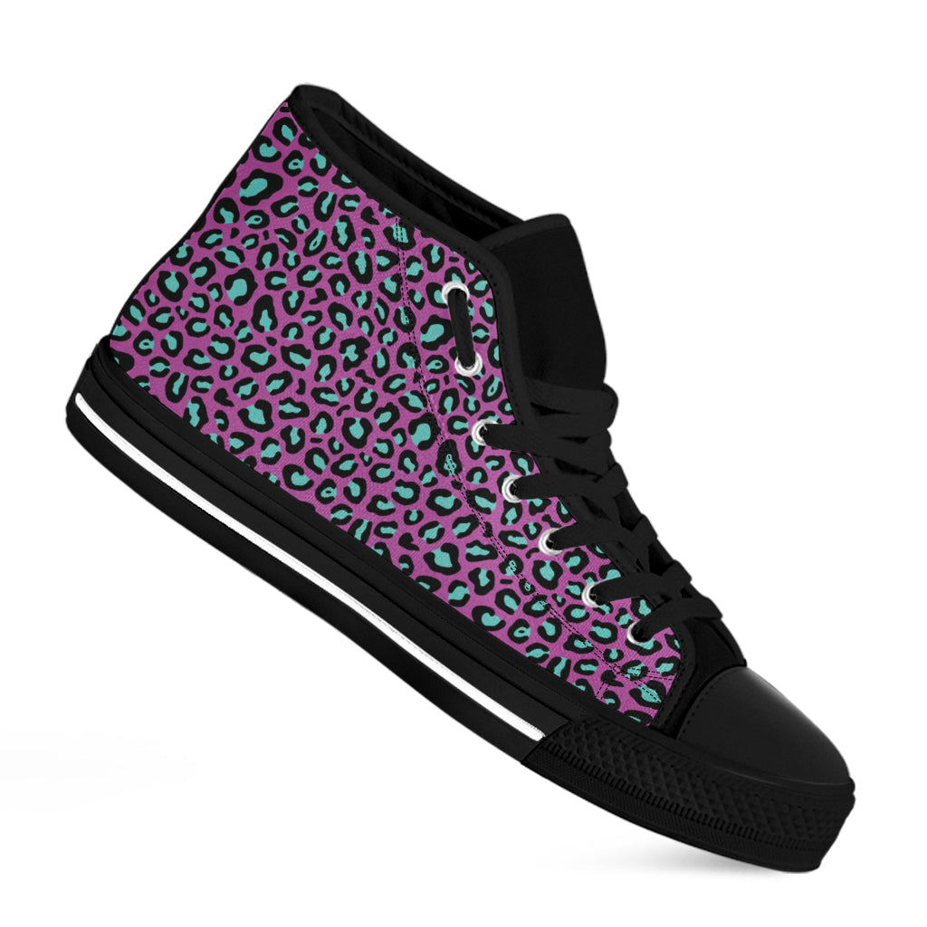 Purple And Teal Leopard Pattern Print Black High Top Shoes