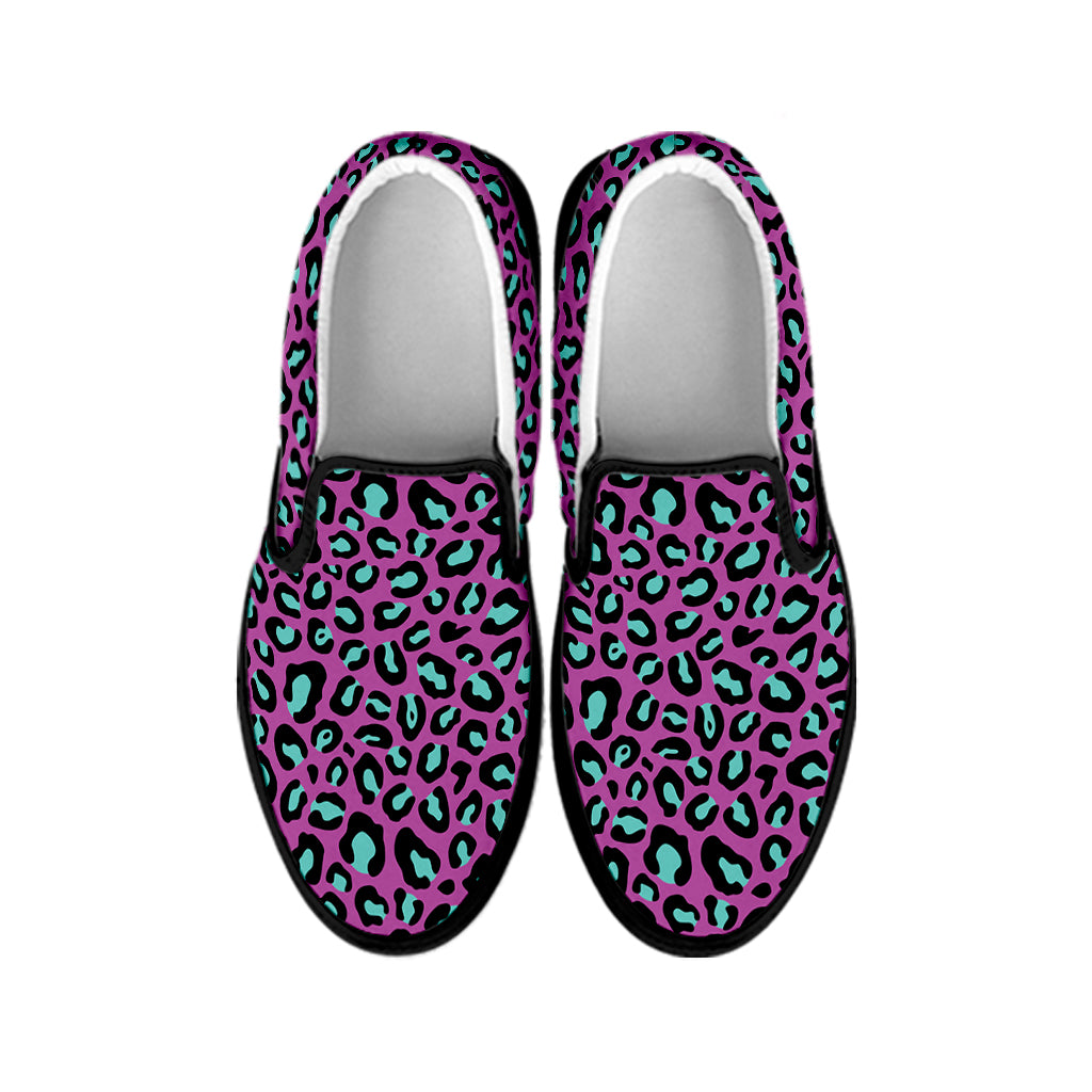 Purple And Teal Leopard Pattern Print Black Slip On Shoes