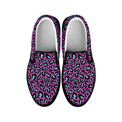 Purple And Teal Leopard Pattern Print Black Slip On Shoes