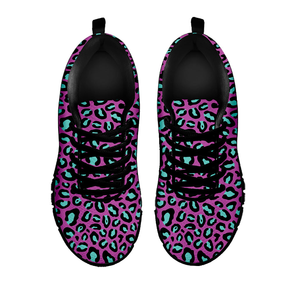 Purple And Teal Leopard Pattern Print Black Sneakers