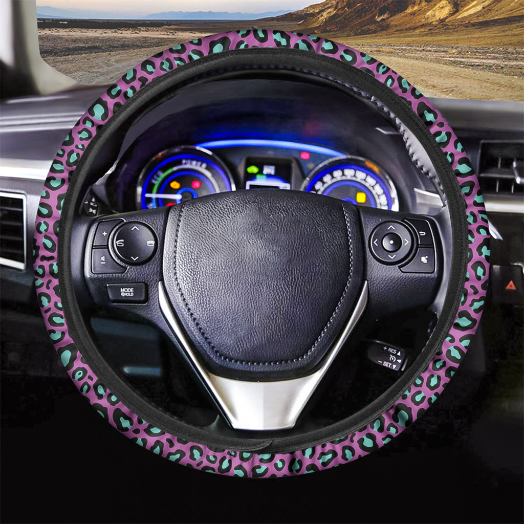 Purple And Teal Leopard Pattern Print Car Steering Wheel Cover