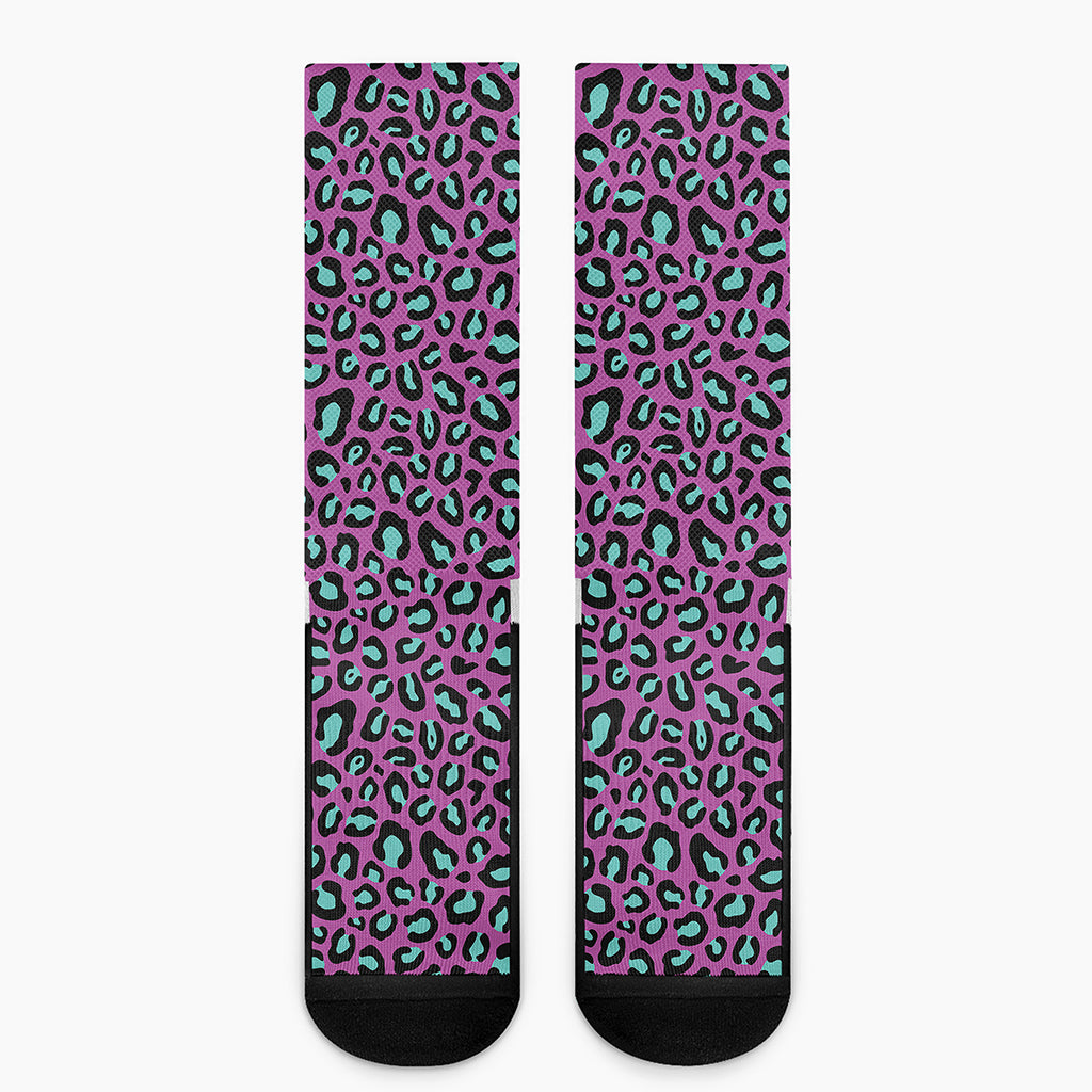 Purple And Teal Leopard Pattern Print Crew Socks