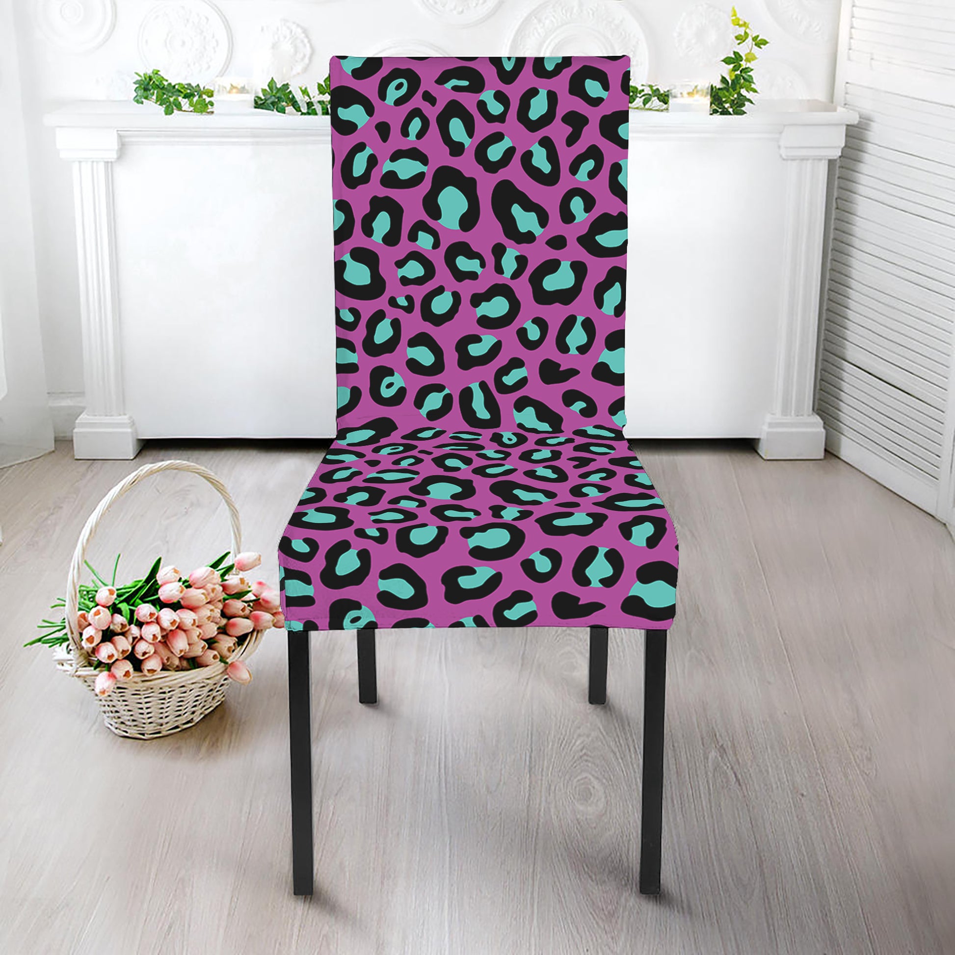 Purple And Teal Leopard Pattern Print Dining Chair Slipcover