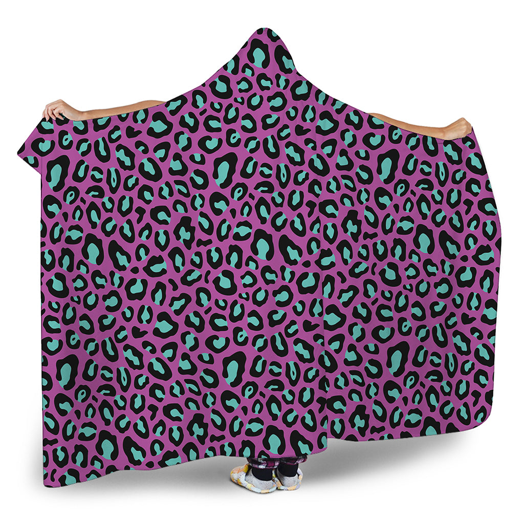 Purple And Teal Leopard Pattern Print Hooded Blanket