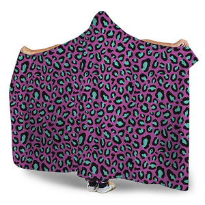 Purple And Teal Leopard Pattern Print Hooded Blanket