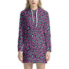 Purple And Teal Leopard Pattern Print Hoodie Dress