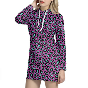 Purple And Teal Leopard Pattern Print Hoodie Dress
