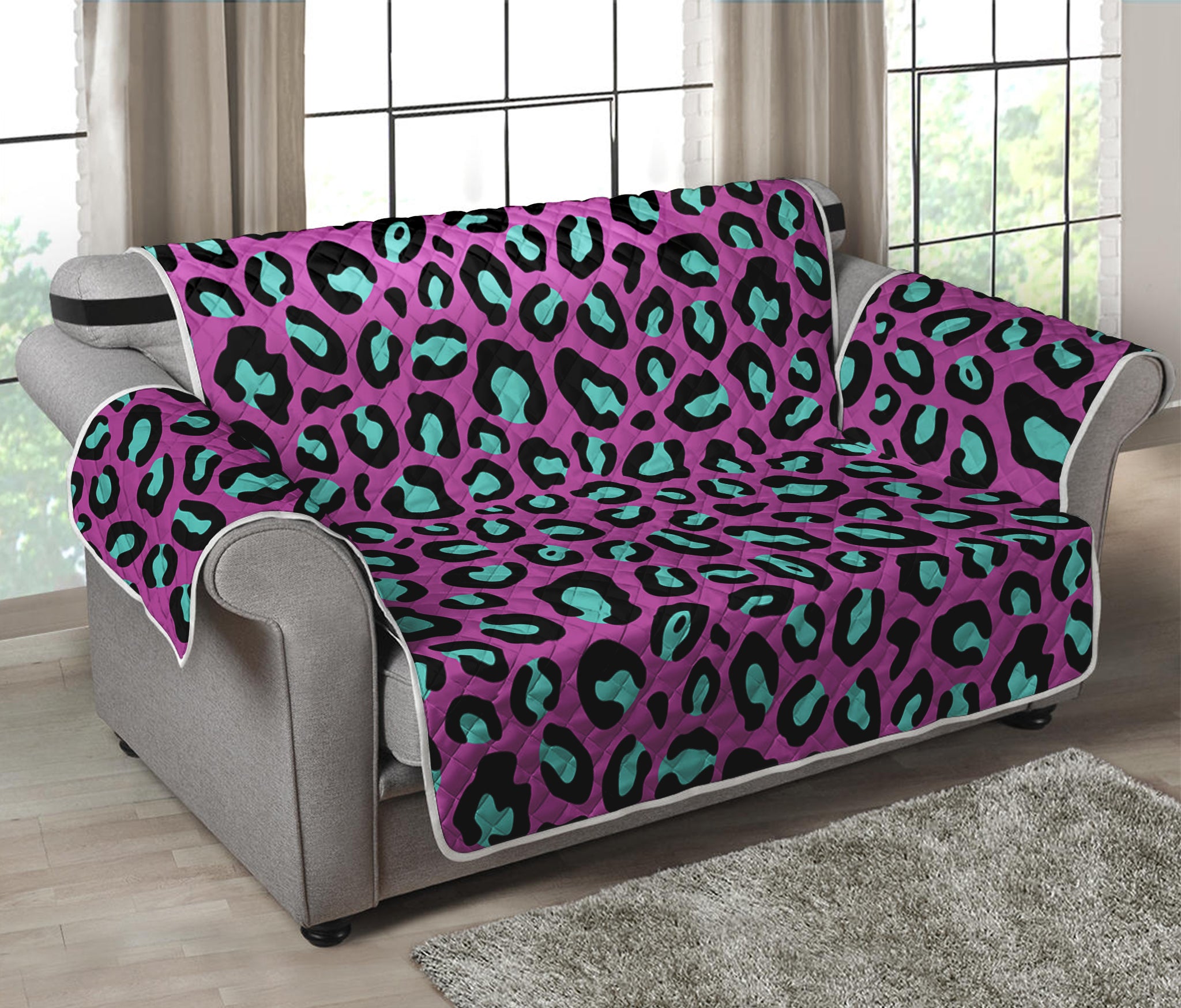 Purple And Teal Leopard Pattern Print Loveseat Protector