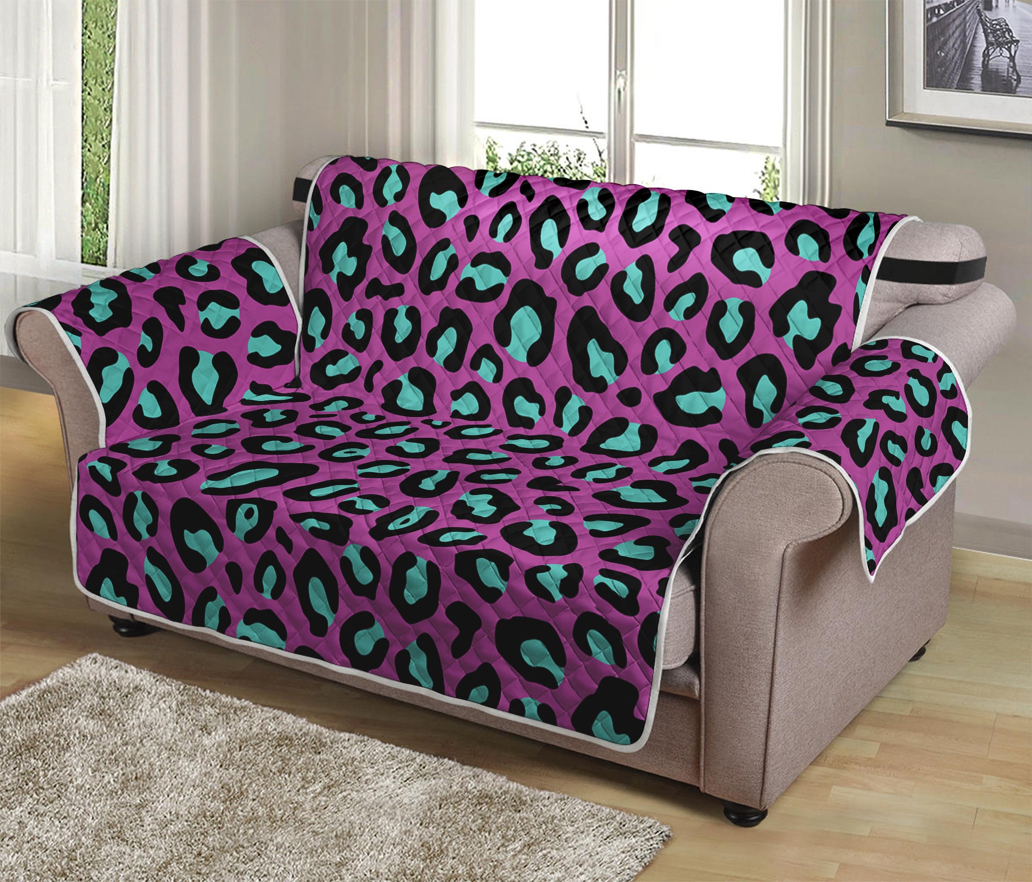 Purple And Teal Leopard Pattern Print Loveseat Protector