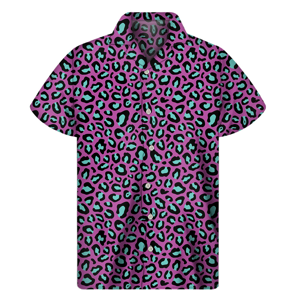 Purple And Teal Leopard Pattern Print Men's Short Sleeve Shirt