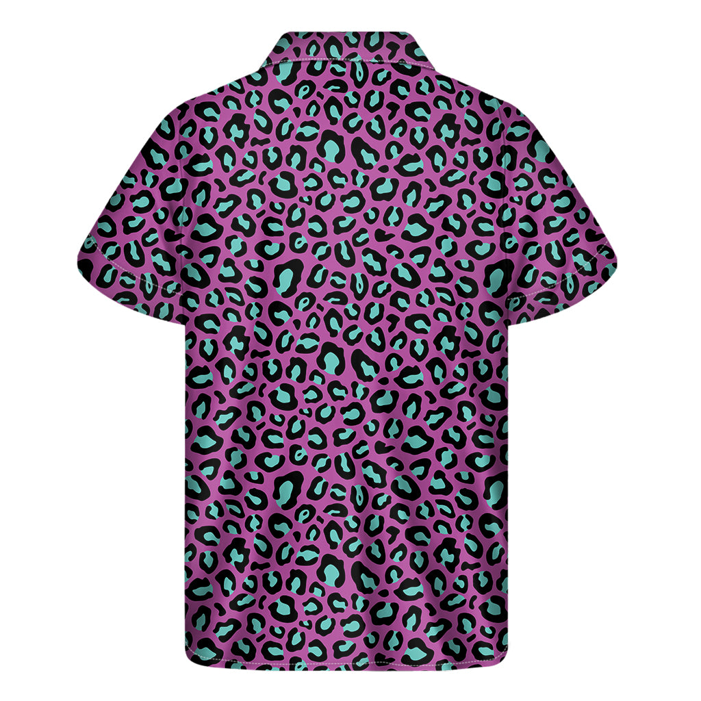 Purple And Teal Leopard Pattern Print Men's Short Sleeve Shirt