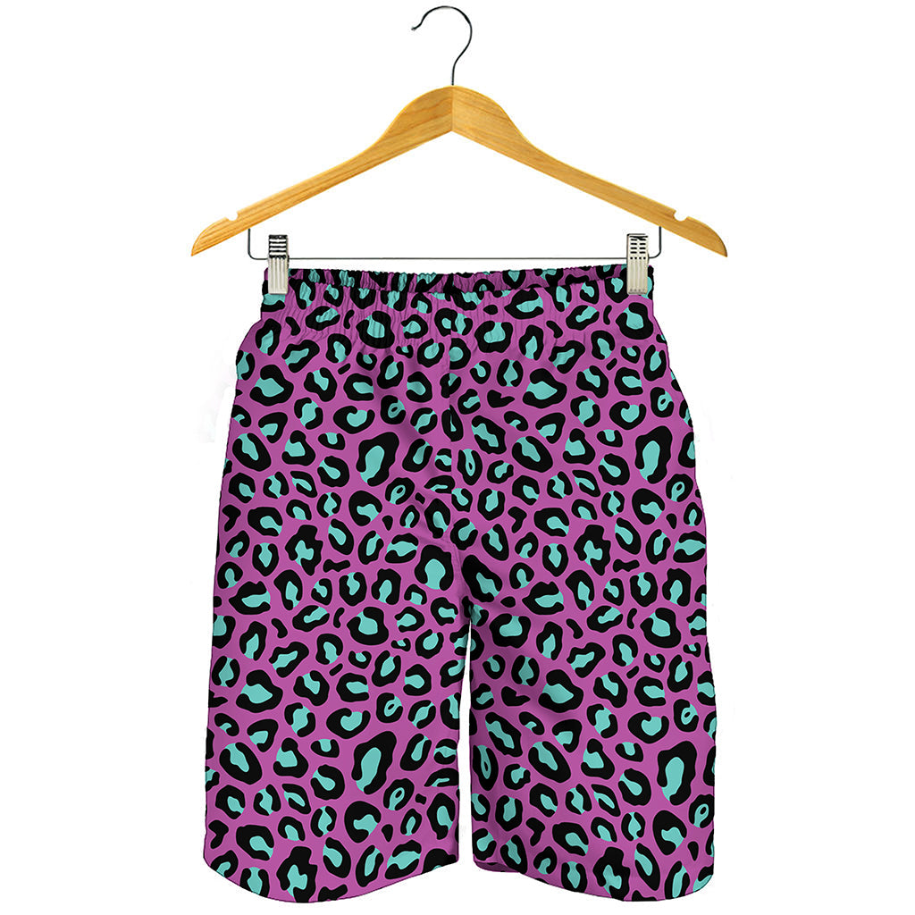 Purple And Teal Leopard Pattern Print Men's Shorts