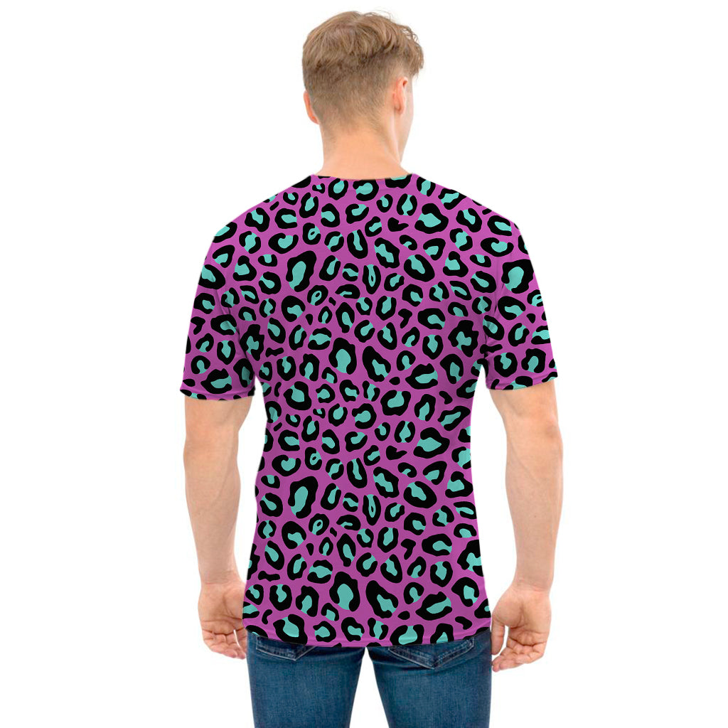 Purple And Teal Leopard Pattern Print Men's T-Shirt
