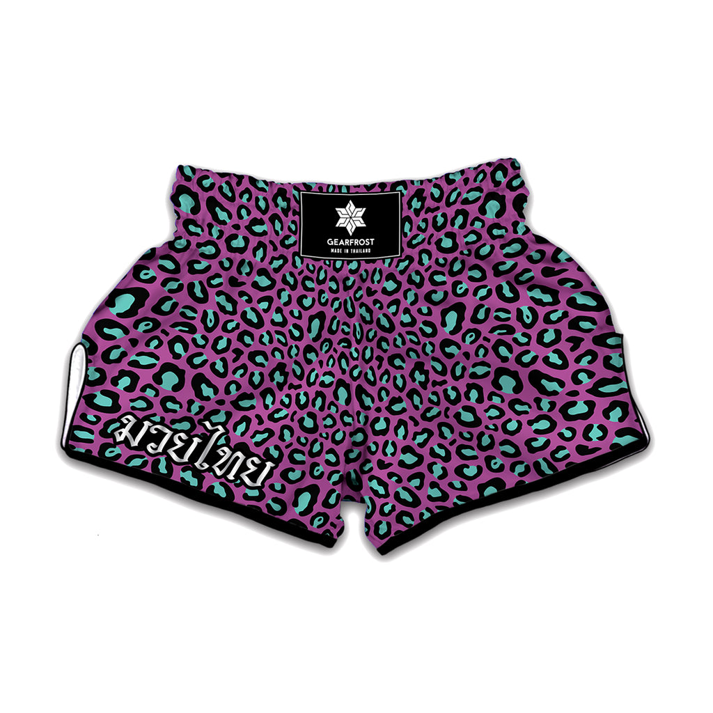 Purple And Teal Leopard Pattern Print Muay Thai Boxing Shorts