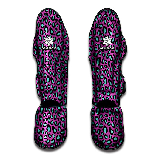 Purple And Teal Leopard Pattern Print Muay Thai Shin Guard