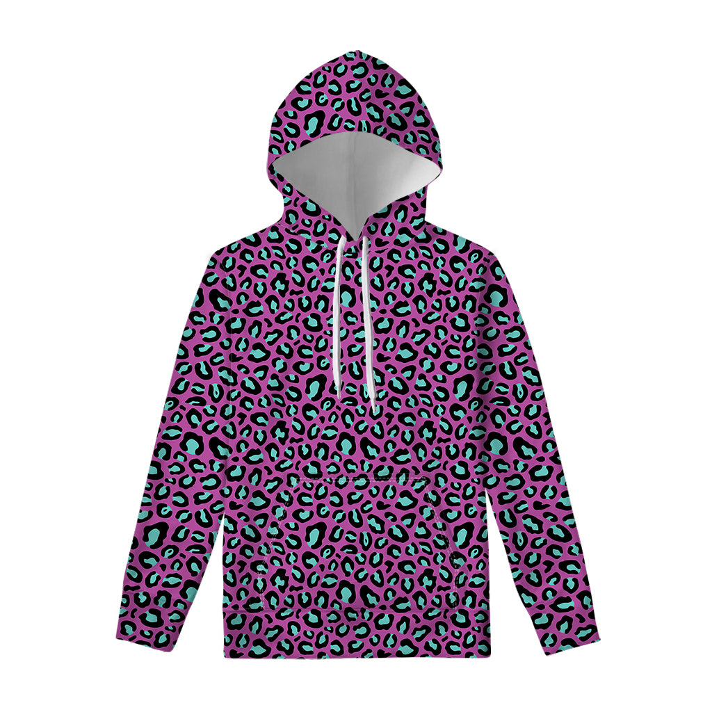 Purple And Teal Leopard Pattern Print Pullover Hoodie
