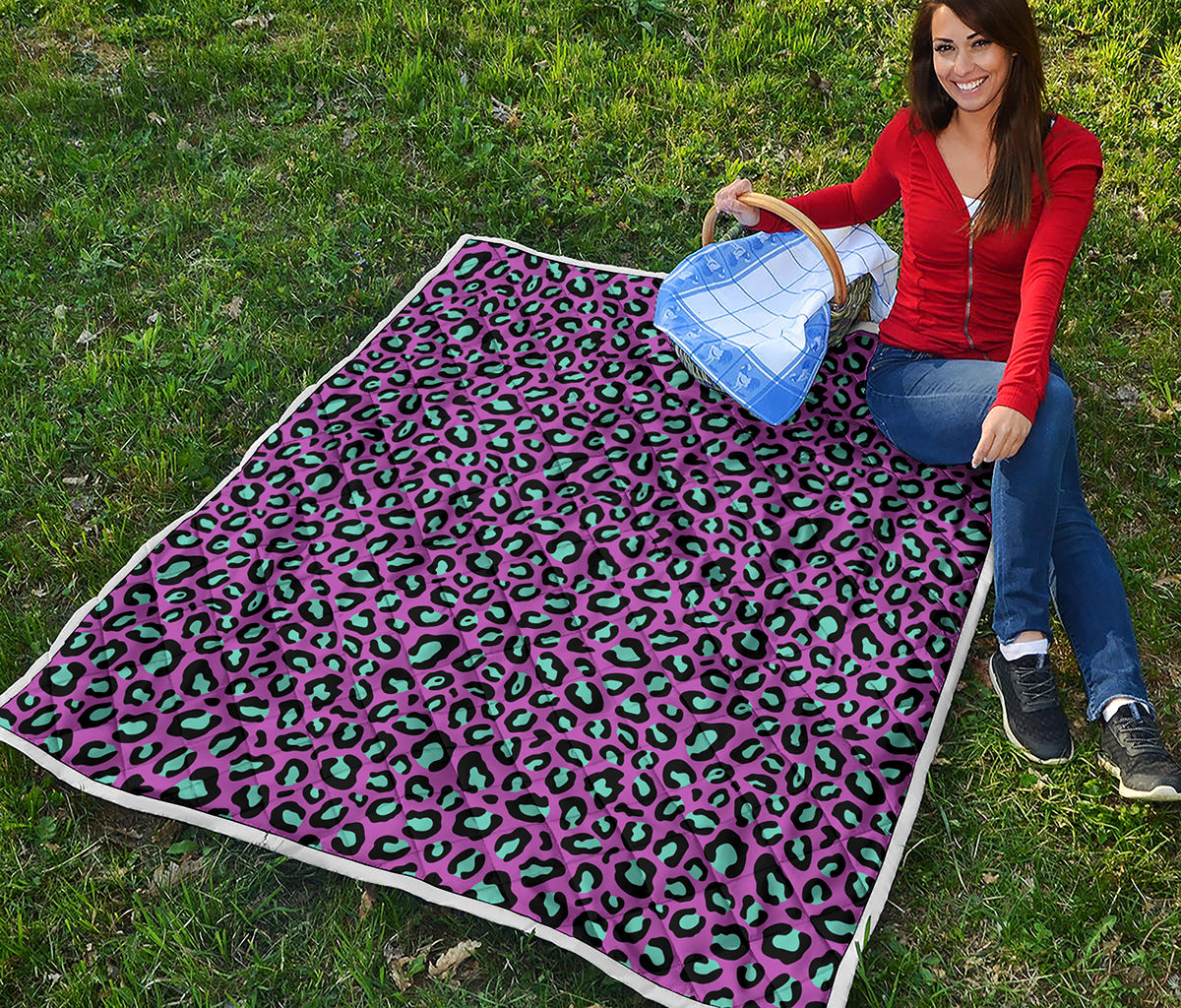 Purple And Teal Leopard Pattern Print Quilt