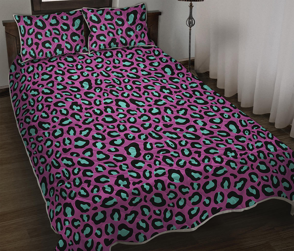 Purple And Teal Leopard Pattern Print Quilt Bed Set